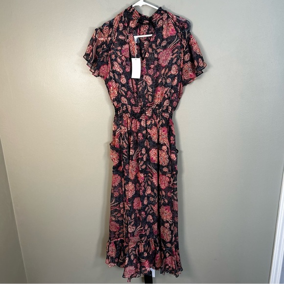 MISA Los Angeles‎ Azura Flutter-Sleeve Floral Midi Dress medium floral pink blue - Picture 5 of 16